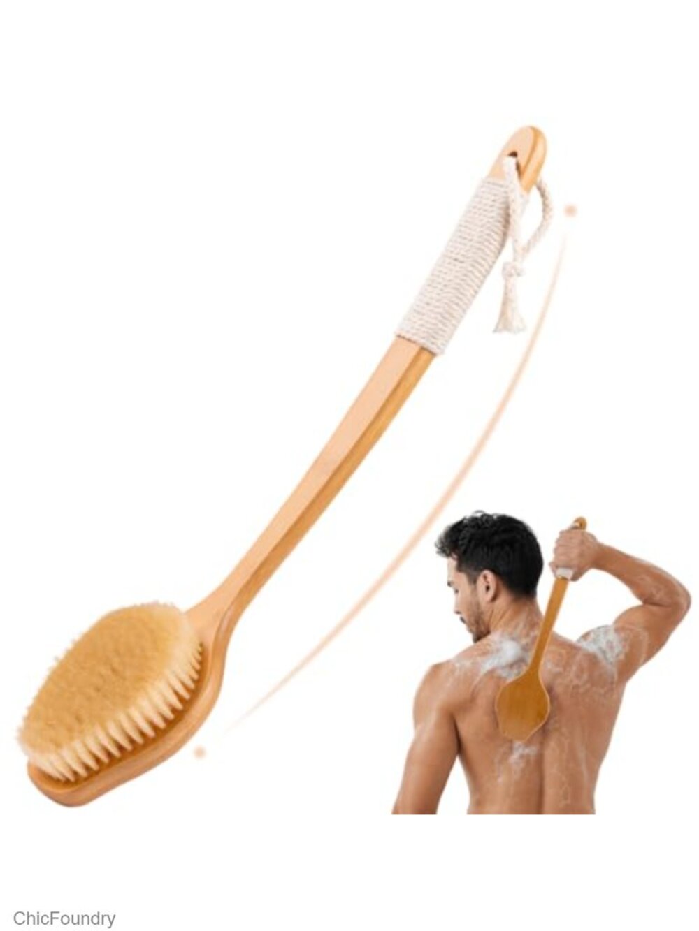 Bamboo Back Scrubber Curved Long Handle Stiff Boar Bristles Exfoliating